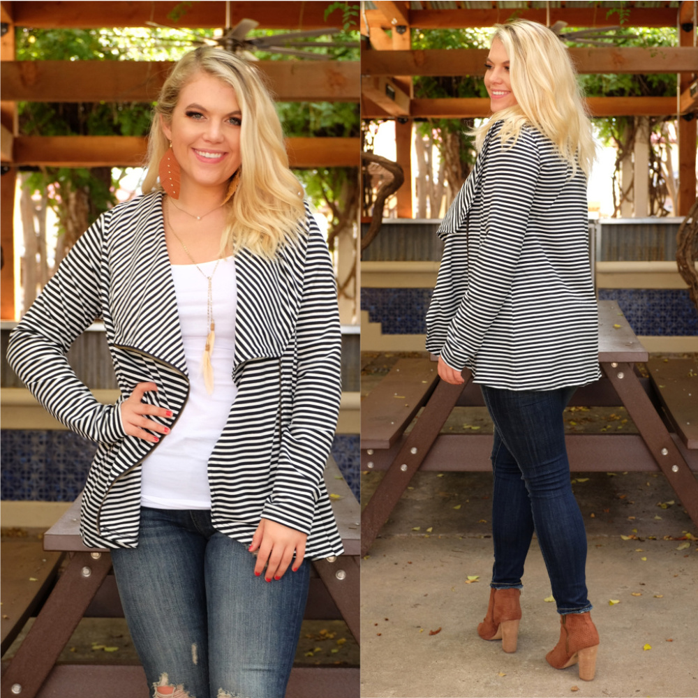 PLUS Black Striped Asymmetrical ZIPUp Cardigan